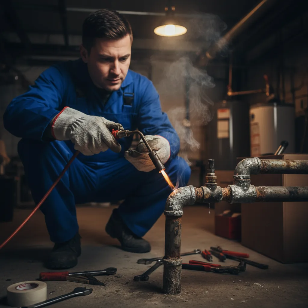 Plumber sealing a leaking pipe