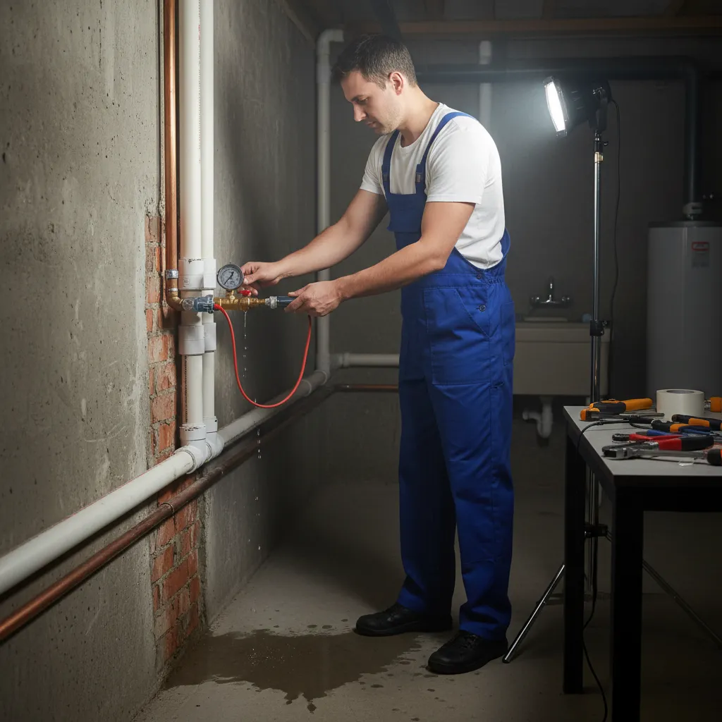 Plumber diagnosing pipe leak