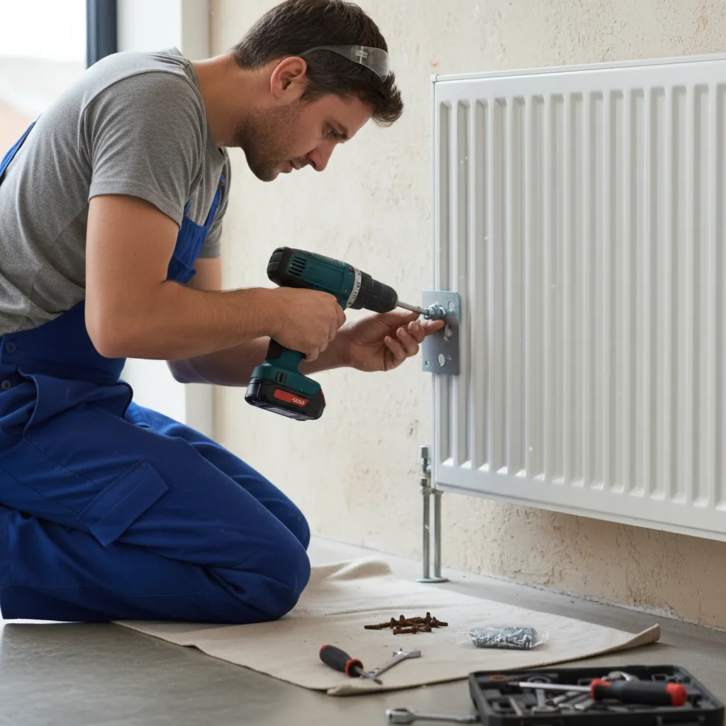 Engineer working on a radiator in a Polstead home