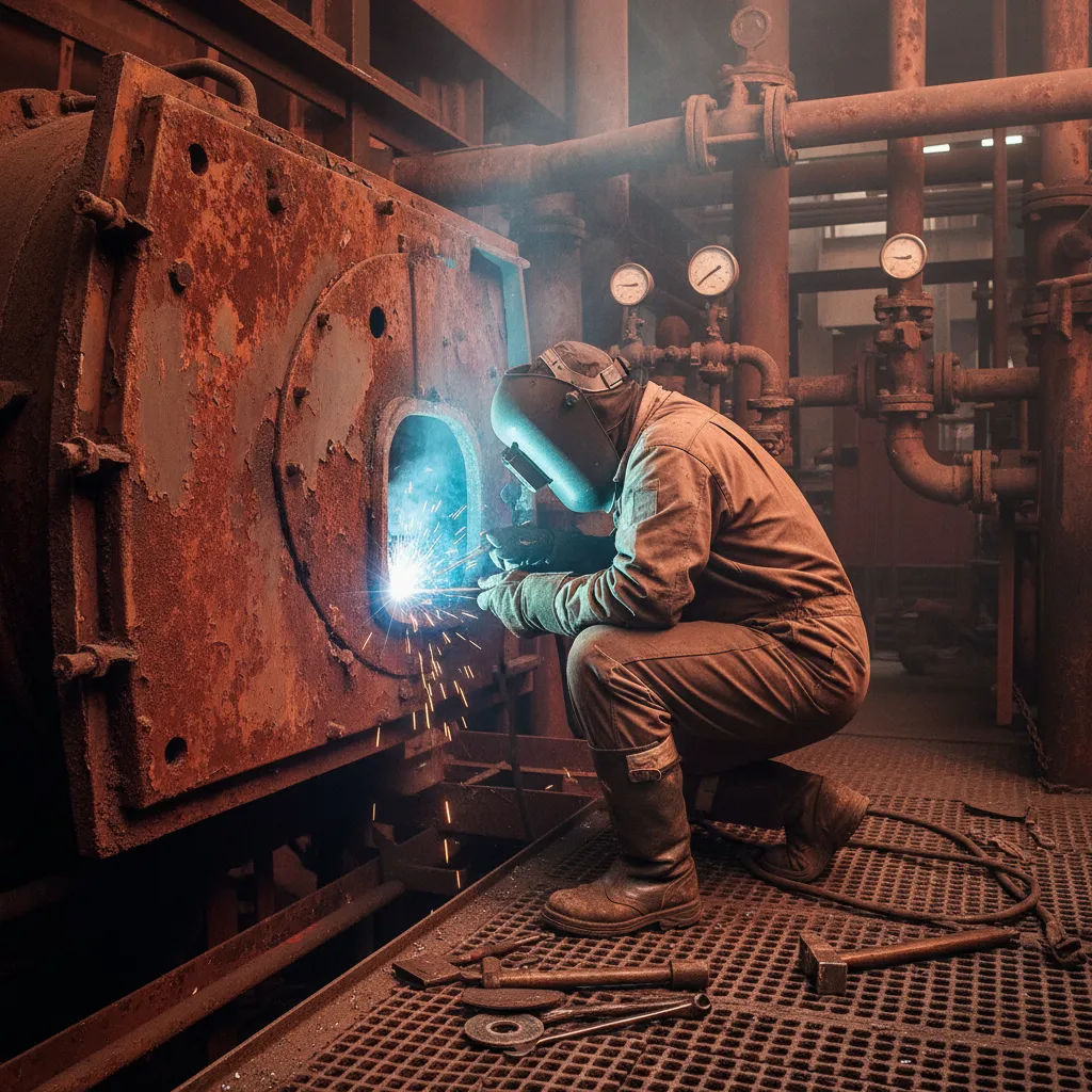 Rusted boiler panel undergoing repair