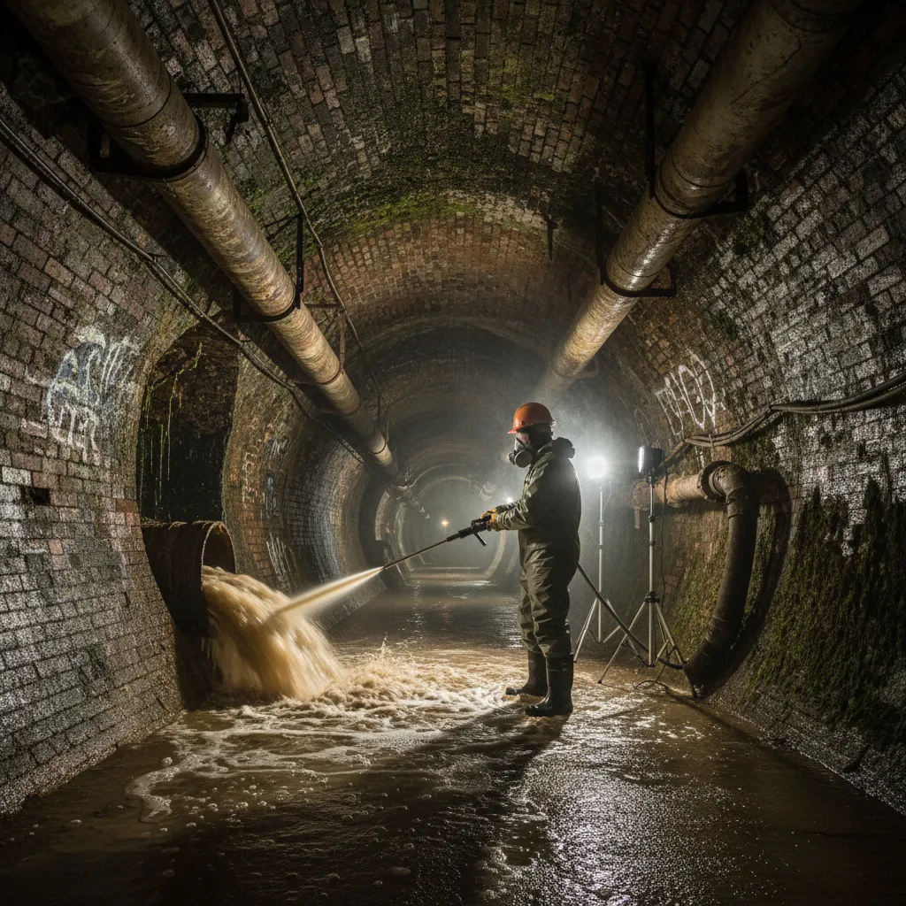 Sewer worker flushing pipes after unblocking