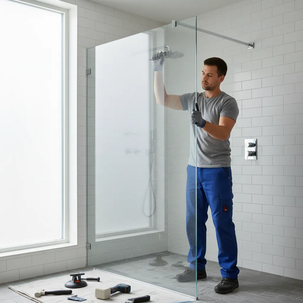 Shower fitter working on a modern frameless shower door
