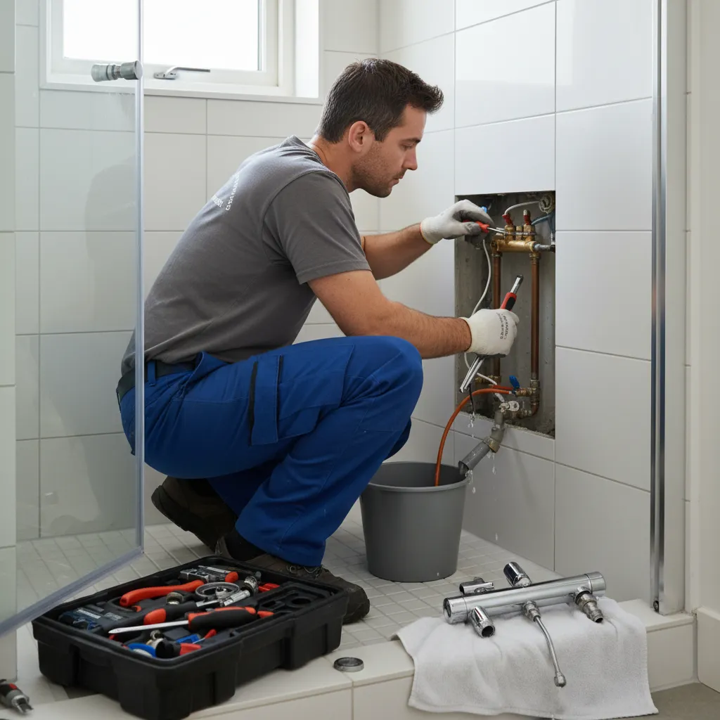 Plumber replacing a mixer valve in a shower