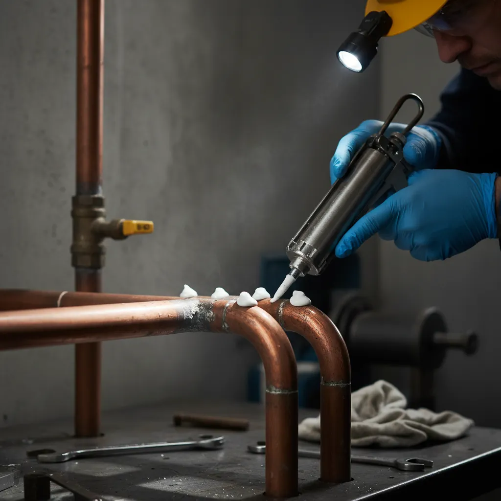 Pipe Leak Detection and Repair technician applying sealant