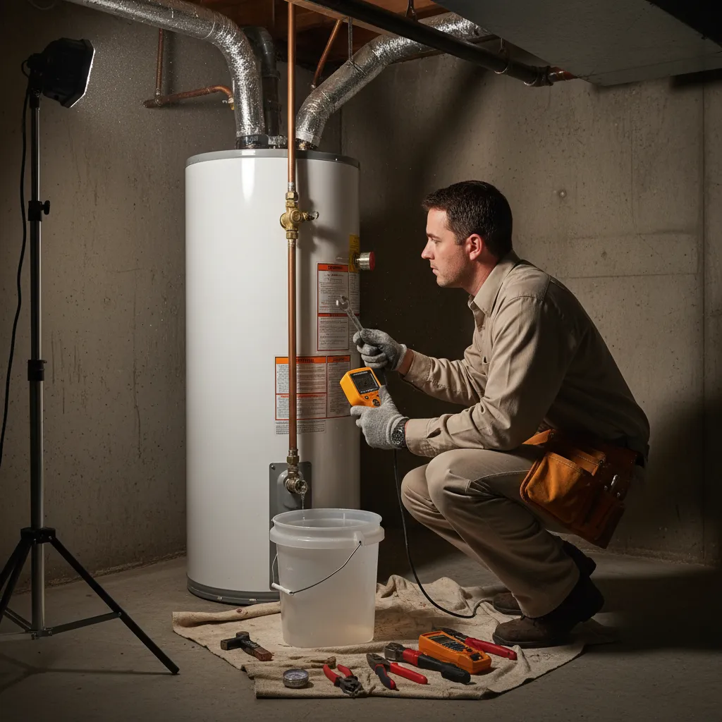 Technician checking water heater relief valve during repair process