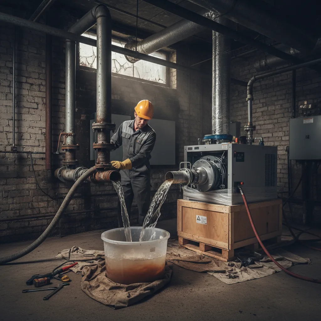 Technician powerflushing boiler pipes before installation