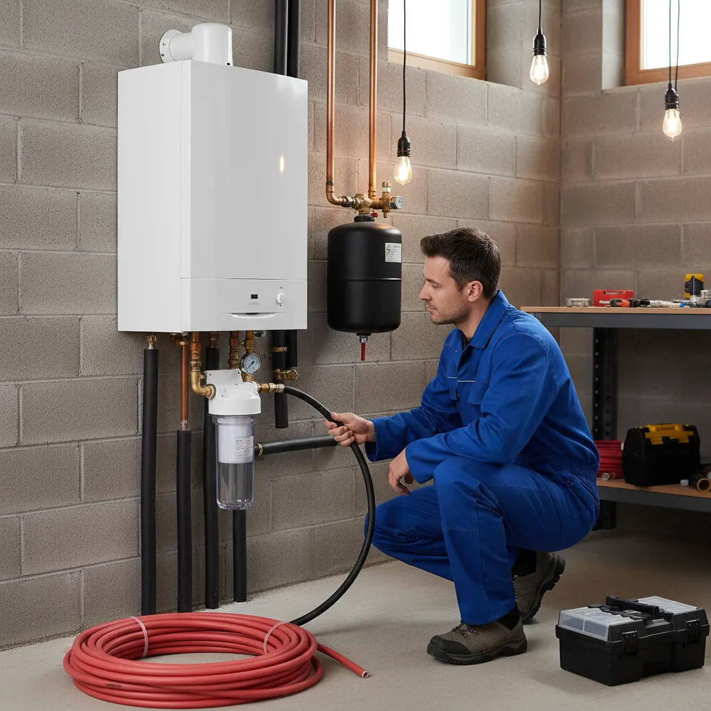 Technician filling heating system after new boiler install