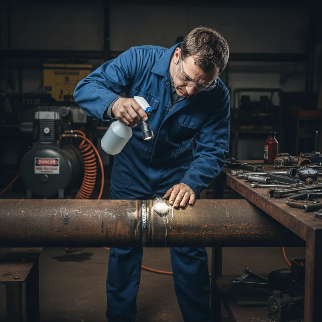 Technician performing a leak test on a repaired pipe