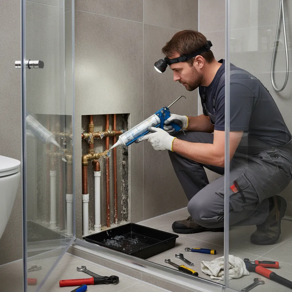 Technician sealing a shower leak to ensure no drips