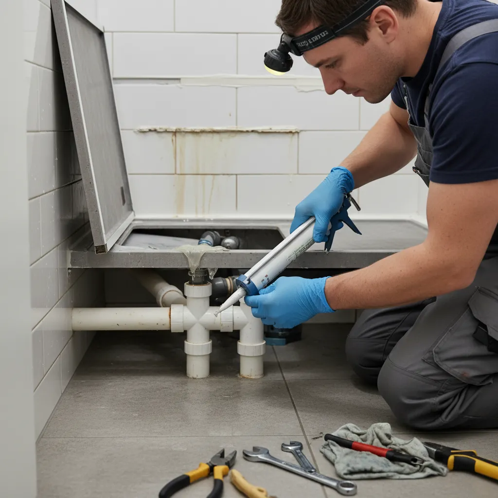 Plumber applying sealant to a shower joint to prevent leaks
