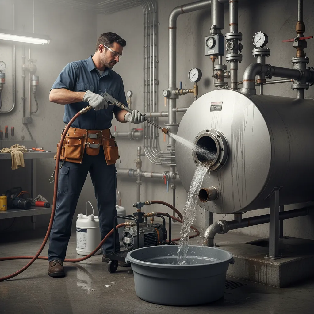 Worker flushing boiler heat exchanger