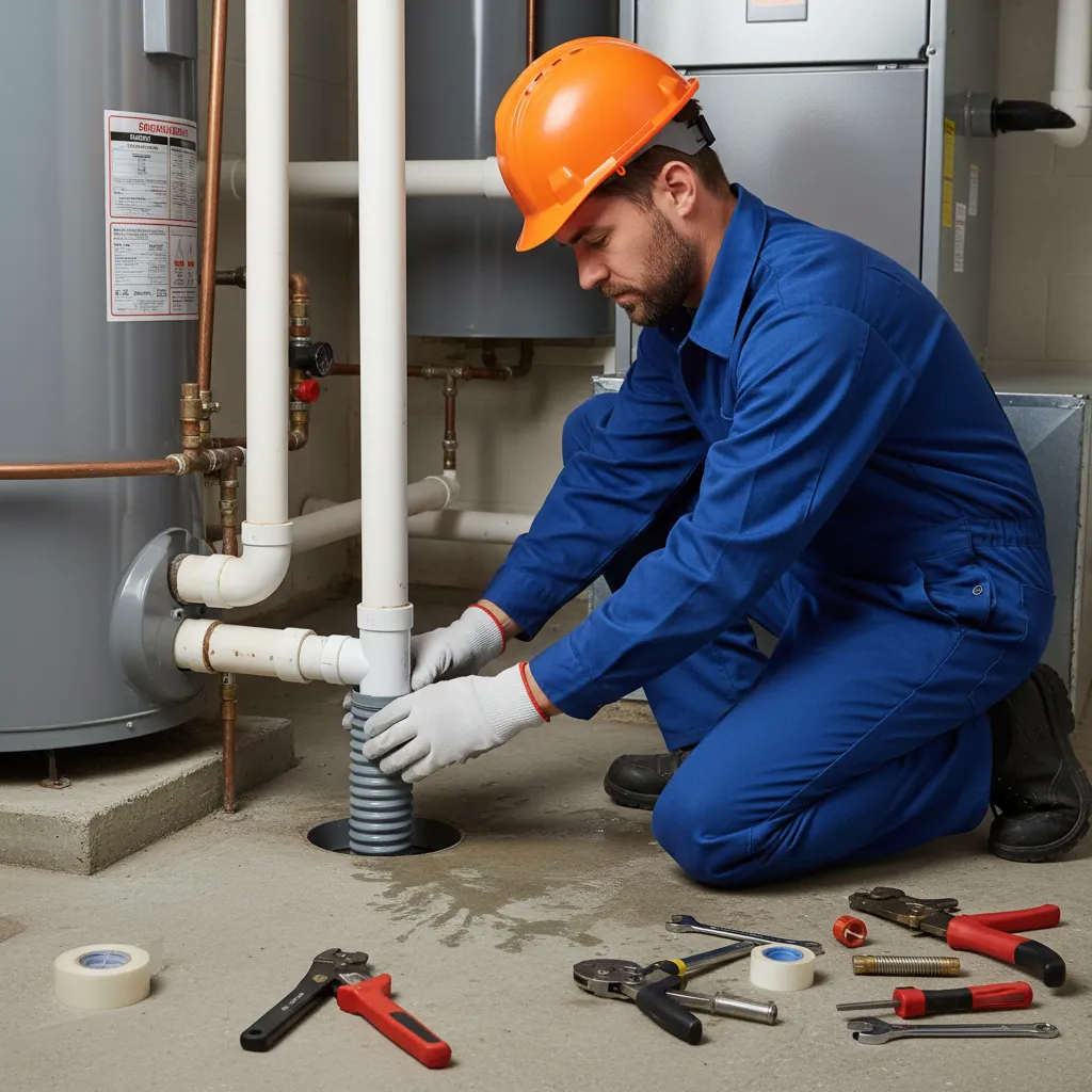 Worker making condensate pipe connection on Chesterton Road