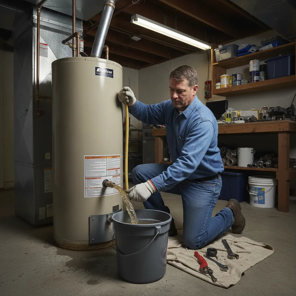 Worker draining a traditional tank water heater for repair