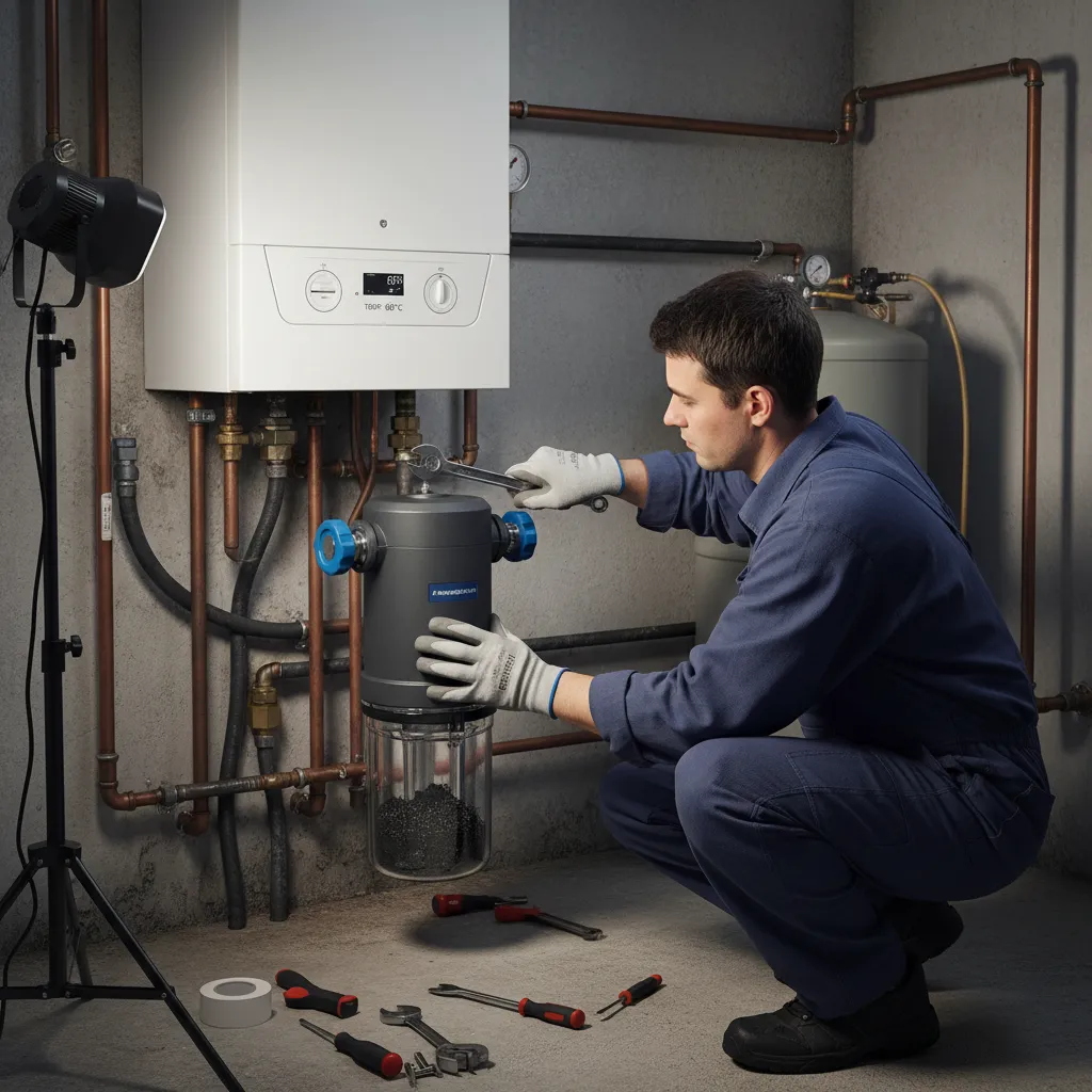 Worker installing boiler magnetic filter near The Grafton
