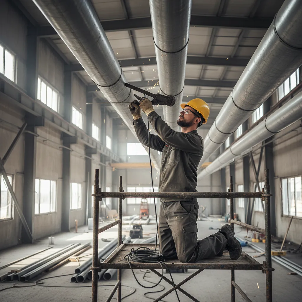 Worker installing pipes