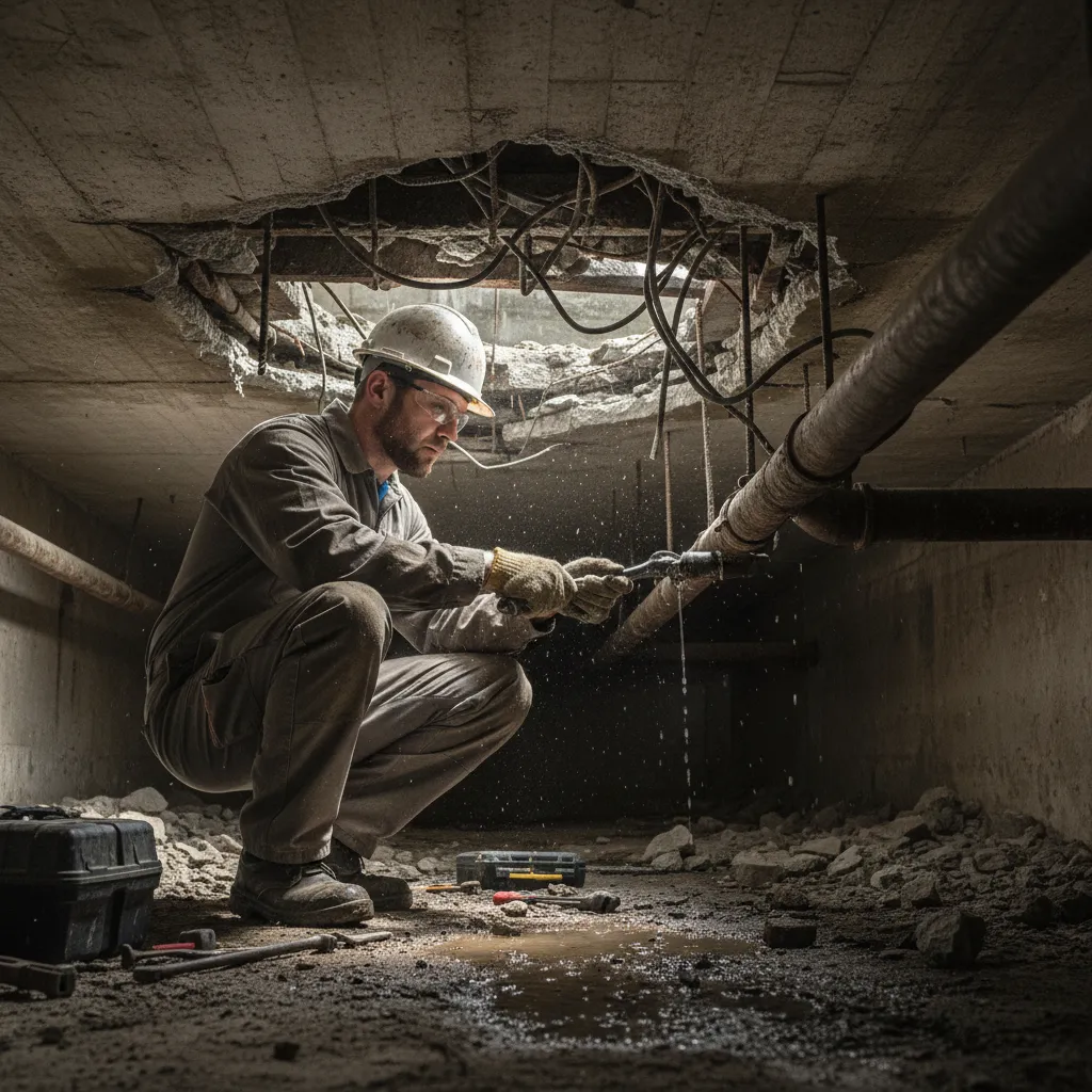 Worker repairing a pipe under concrete