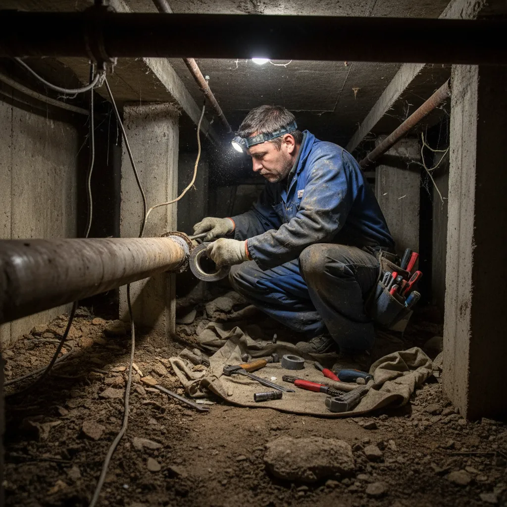 Plumber working in a crawl space