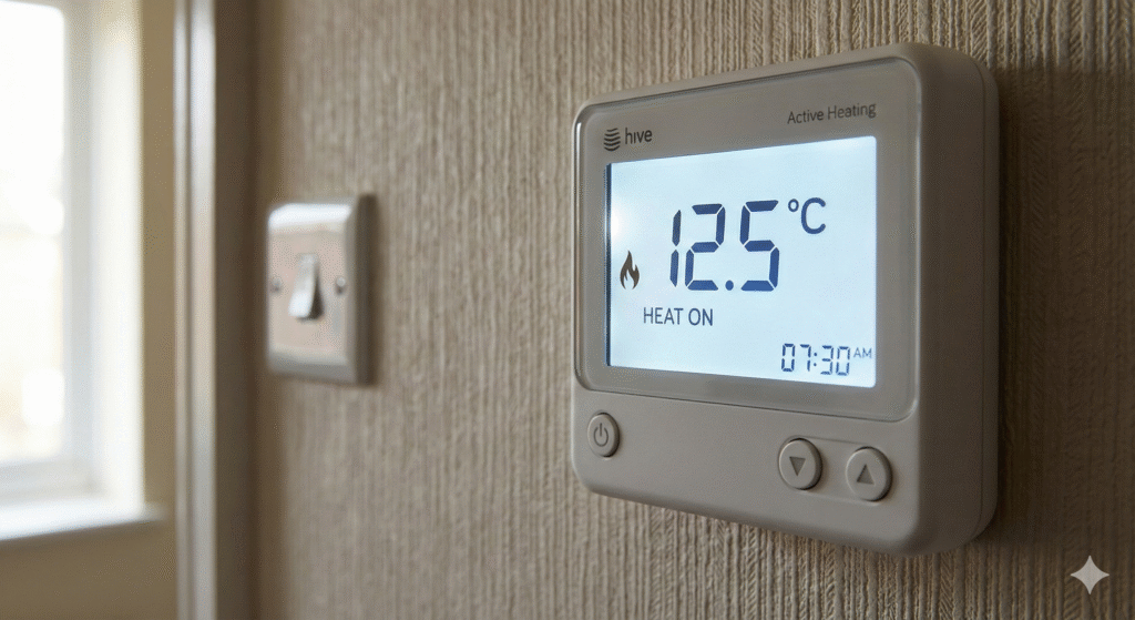 A close-up view of a modern digital thermostat set to heat mode, showing low temperature. Realistic indoor lighting, UK home environment, simple and clear focus on thermostat.