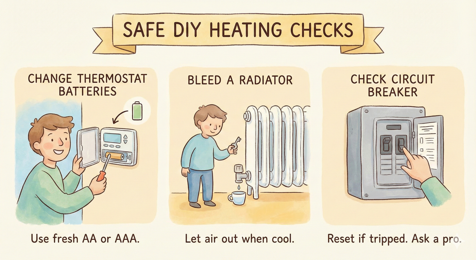 A friendly illustrated guide showing safe DIY heating checks