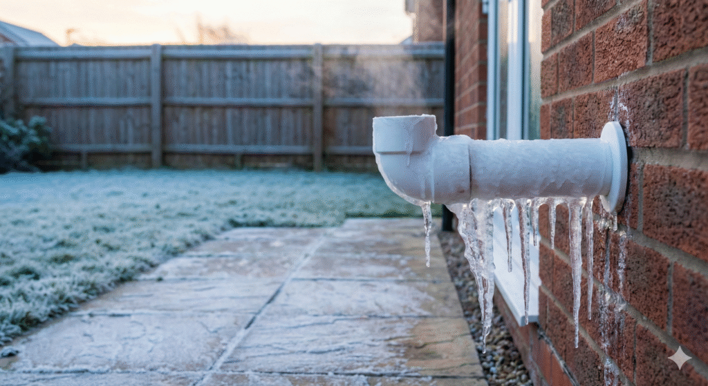 A frozen condensate pipe outside a UK home, with visible ice buildup. Early morning winter lighting, realistic outdoor scene, frost textures, boiler wall pipe clearly visible.