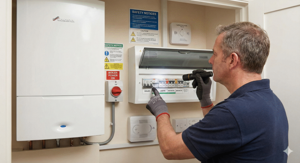 A homeowner checking a fuse box and a boiler power switch. Clean, realistic lighting, UK utility cupboard setting, safety-focused composition.
