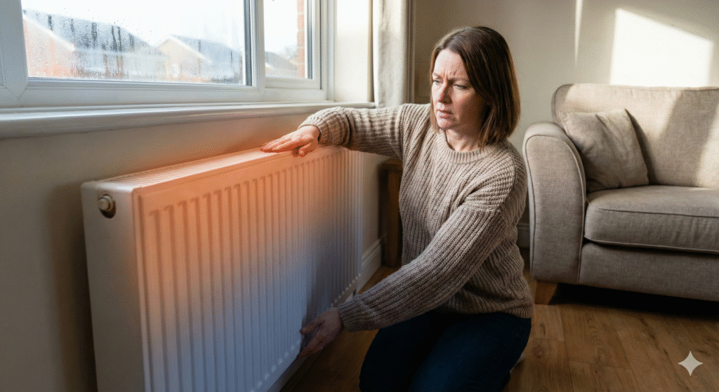 A homeowner checking a radiator with hands feeling the top and bottom for cold spots.