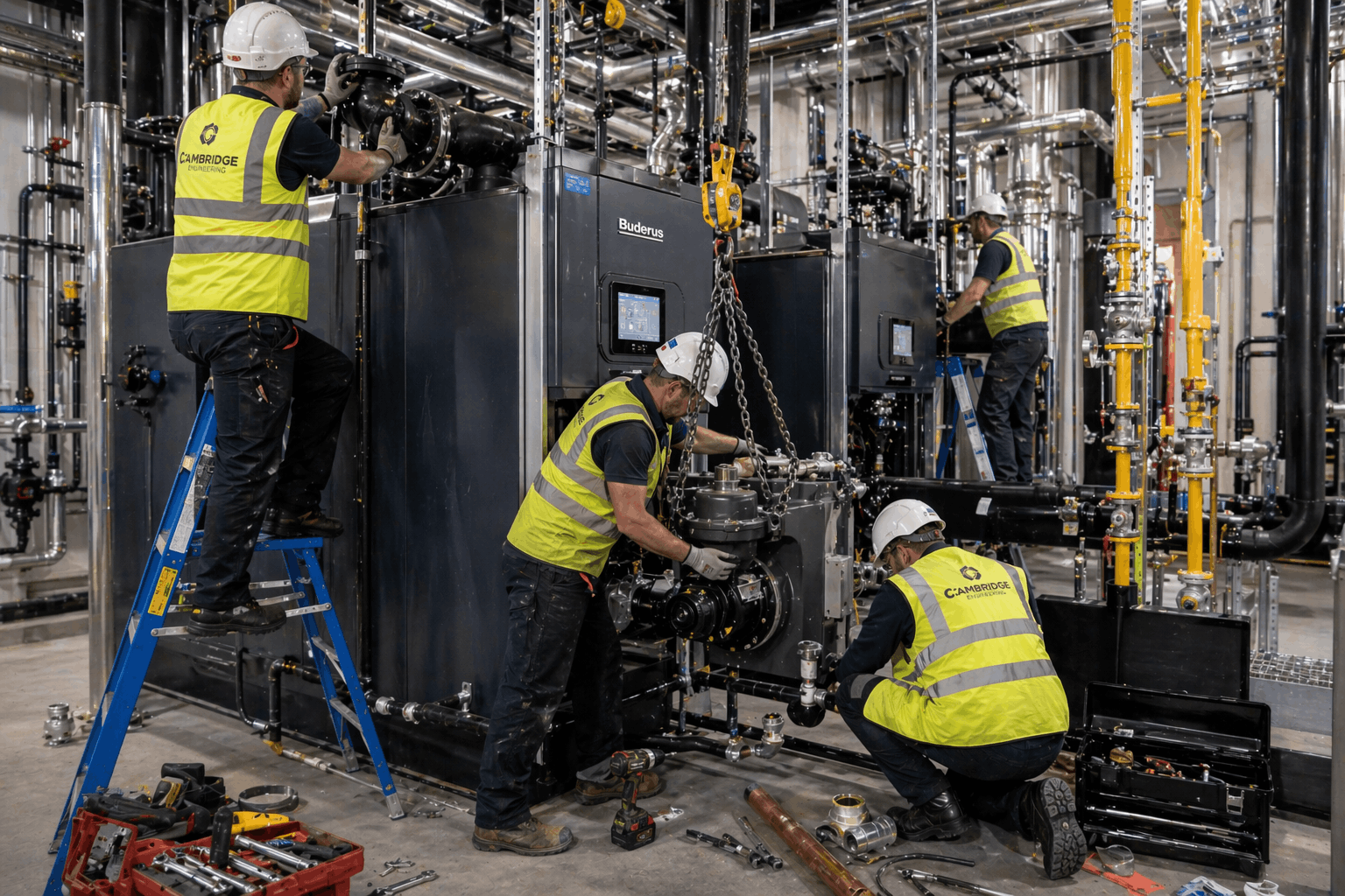 Commercial boiler installation in progress at Cambridge business premises showing Gas Safe engineer connecting heating pipework