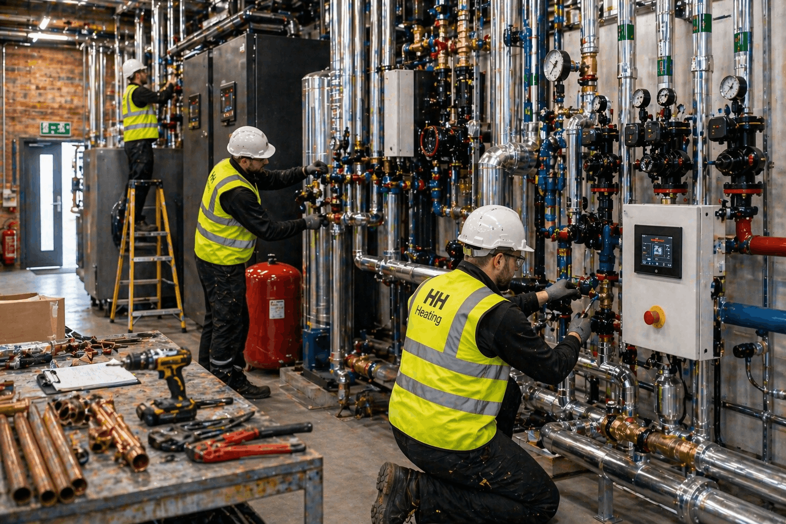 Gas Safe engineer installing commercial boiler system in Halstead business premises