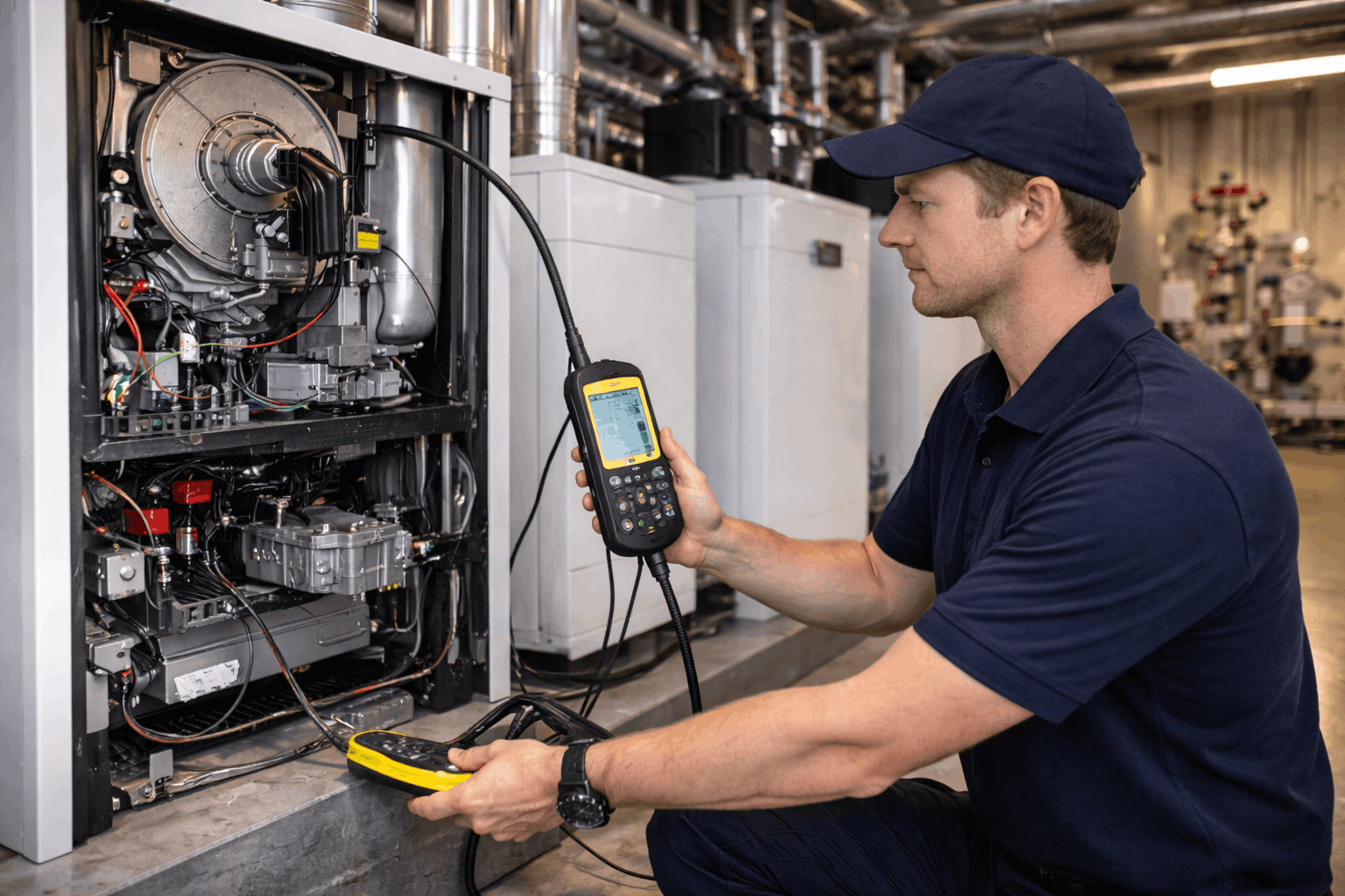 Engineer performing advanced diagnostics on commercial boiler system in Cambridge using thermal imaging equipment