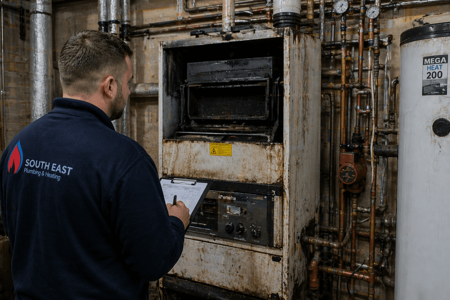 Commercial heating engineer assessing aging boiler condition for replacement in Braintree business premises