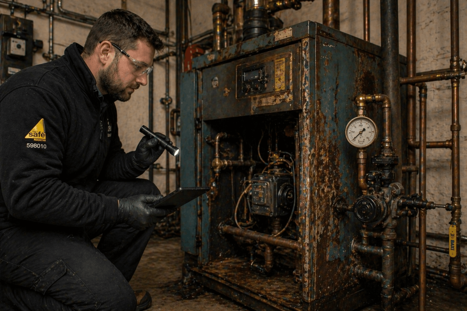 Commercial boiler engineer inspecting aging boiler condition during replacement assessment in Sudbury business premises