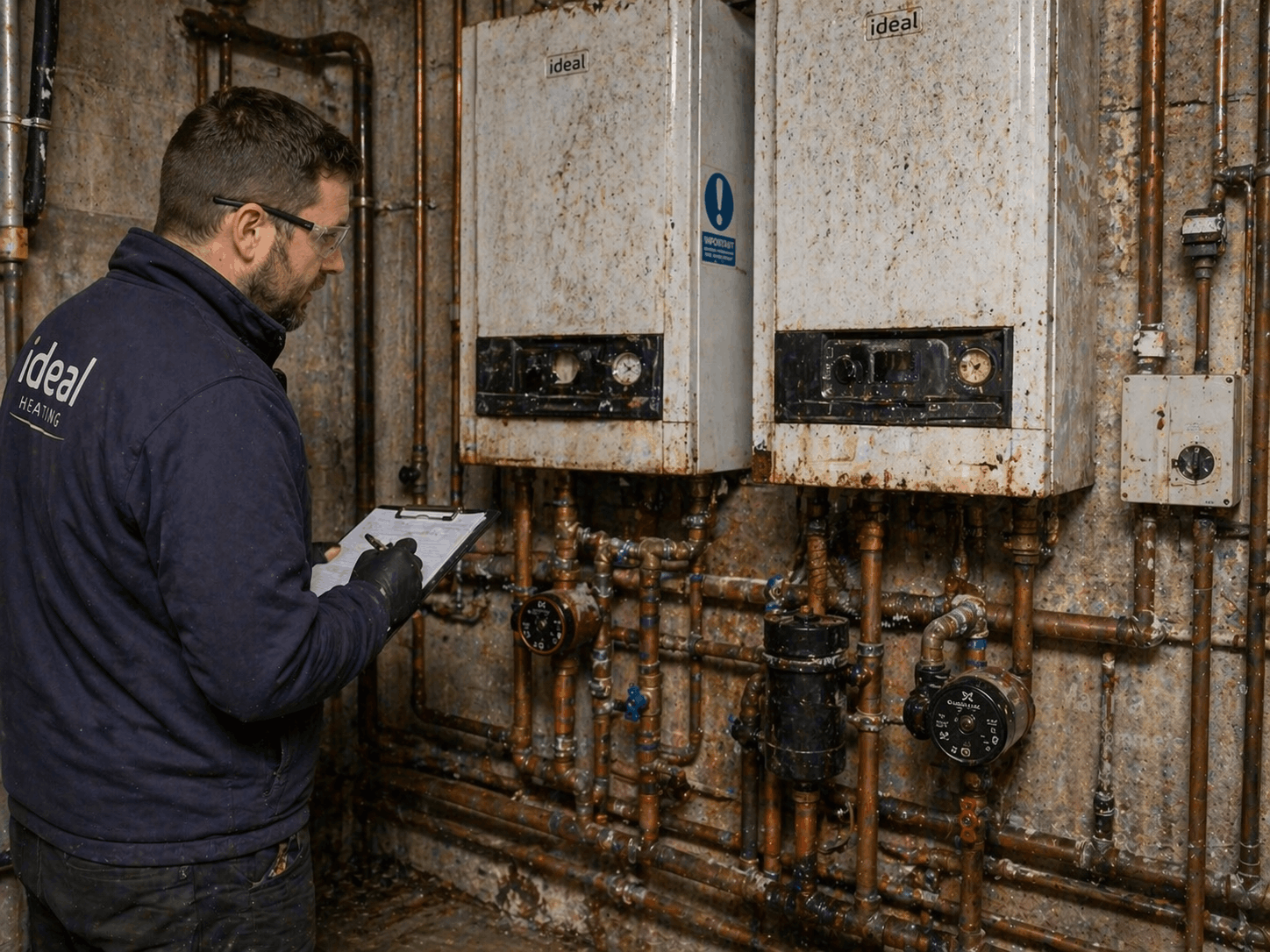 Gas Safe engineer inspecting aging commercial boiler during replacement assessment in Halstead business premises