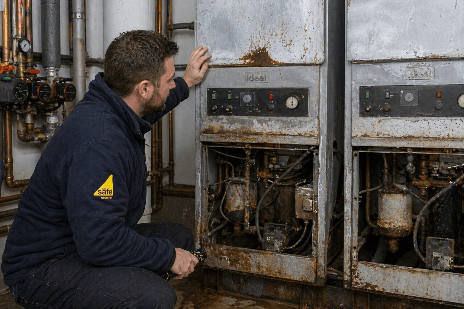 Commercial heating engineer inspecting aging boiler system before replacement in Saffron Walden business premises