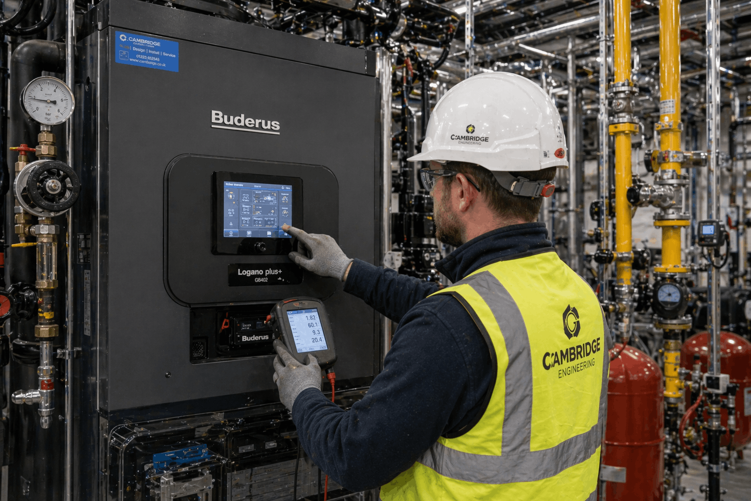 Commercial boiler commissioning and testing phase in Cambridge showing engineer using flue gas analyser for efficiency verification