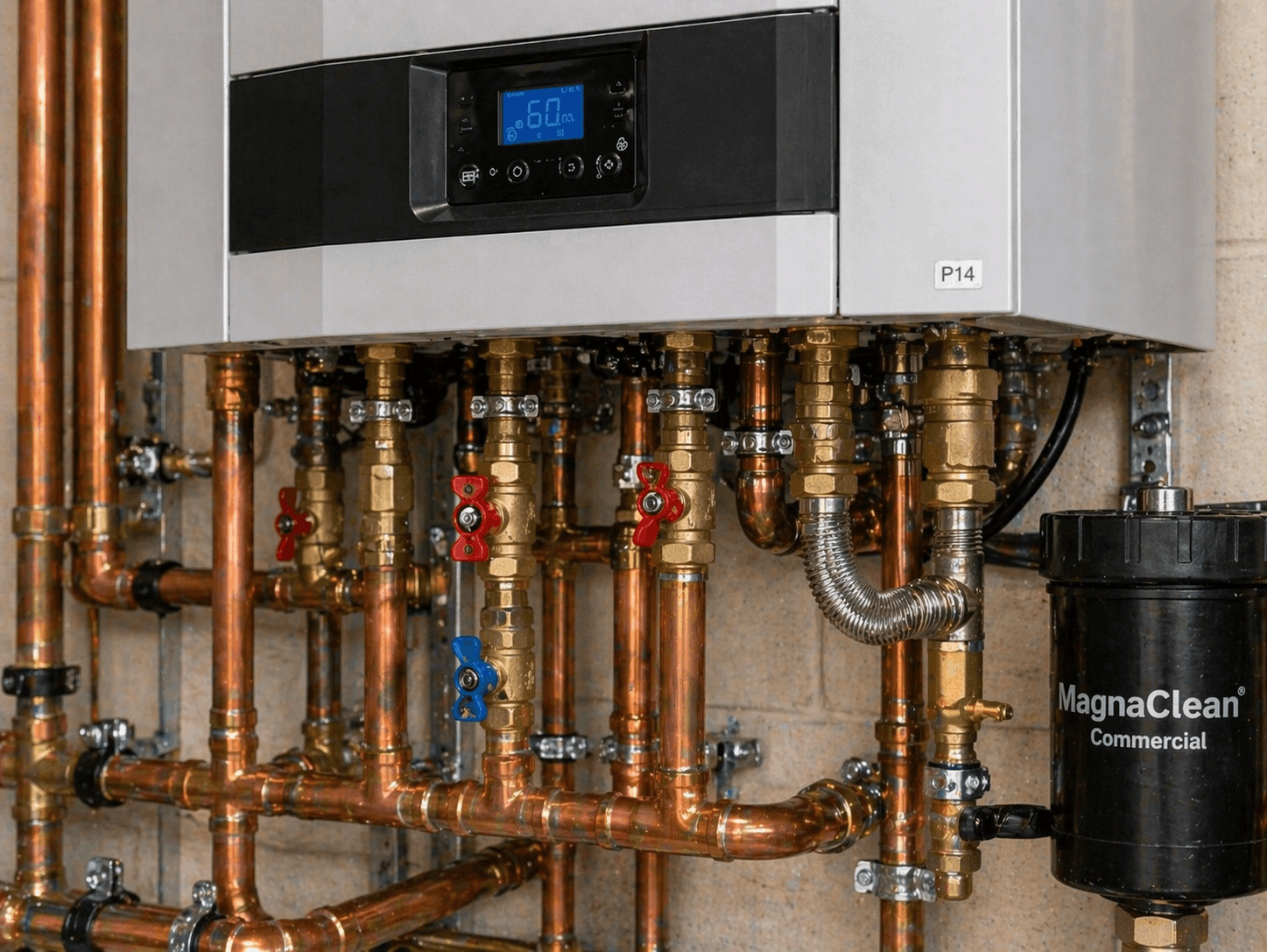 Detailed view of commercial boiler gas connection and pipework during professional installation in Saffron Walden