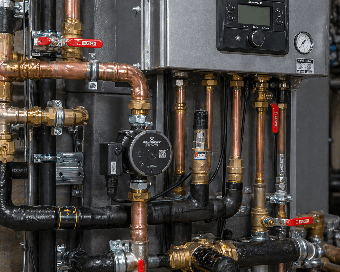 Close-up of commercial boiler connection installation detail during professional boiler replace Cambridge project