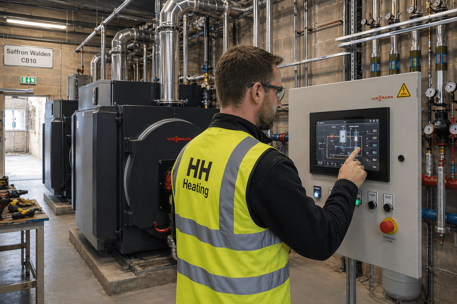 Commercial boiler control panel installation by Gas Safe engineer in Saffron Walden business premises