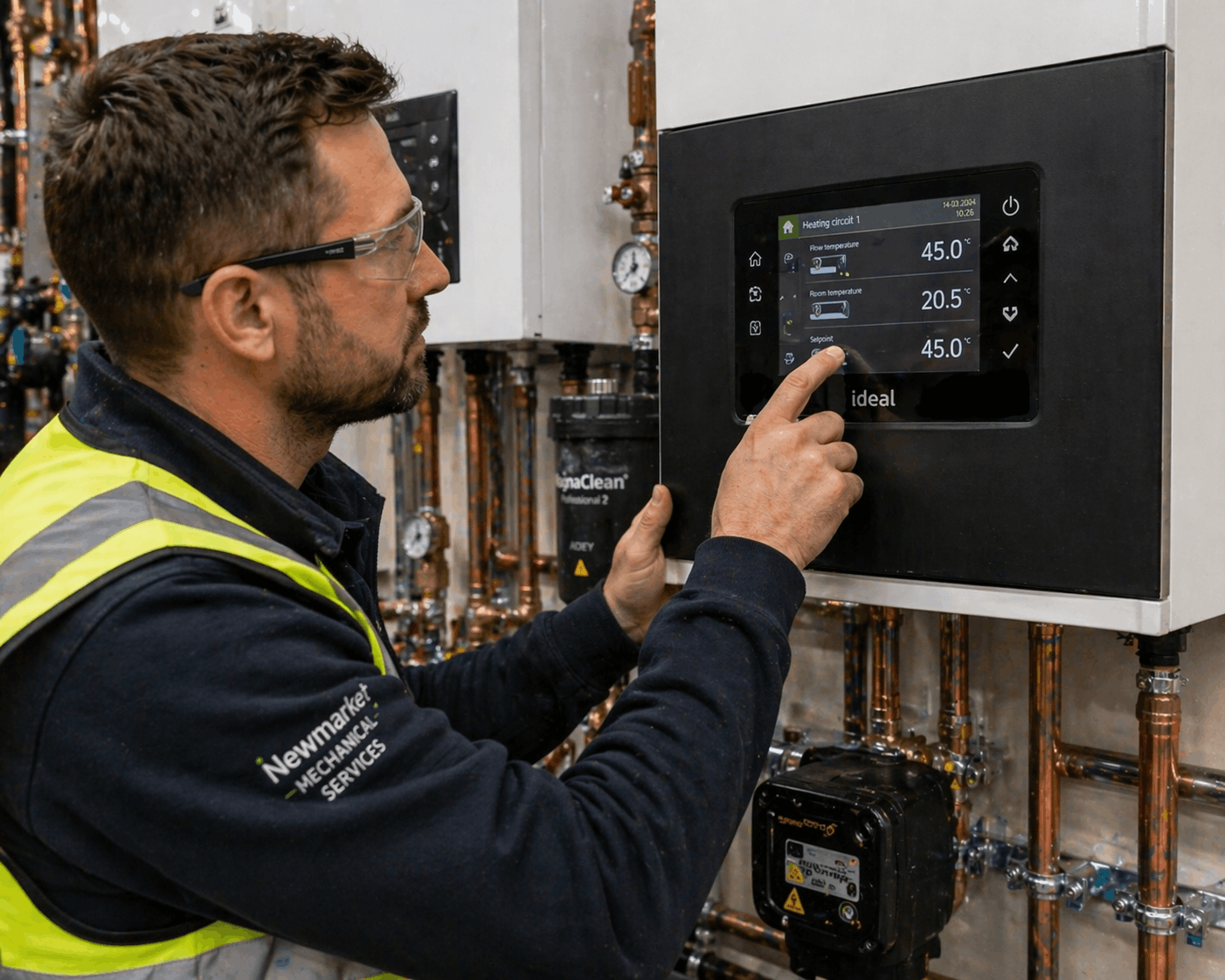 Commercial boiler control panel setup and interface configuration during professional installation in Newmarket