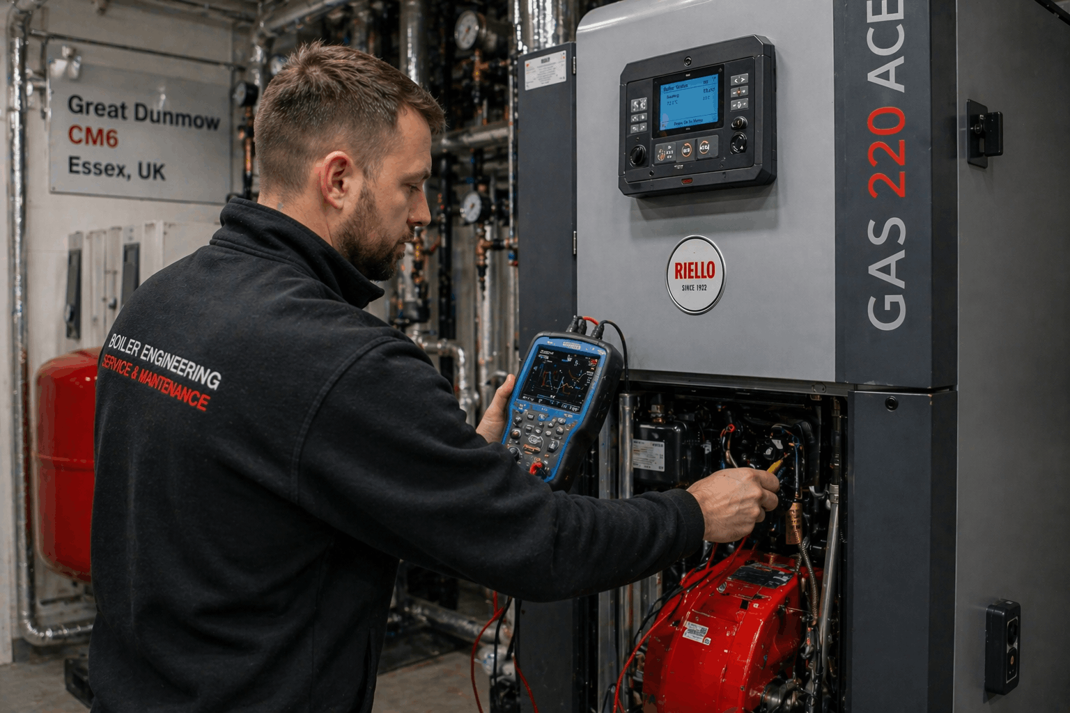 Commercial boiler diagnostic equipment analysing heating system performance for Great Dunmow business repair