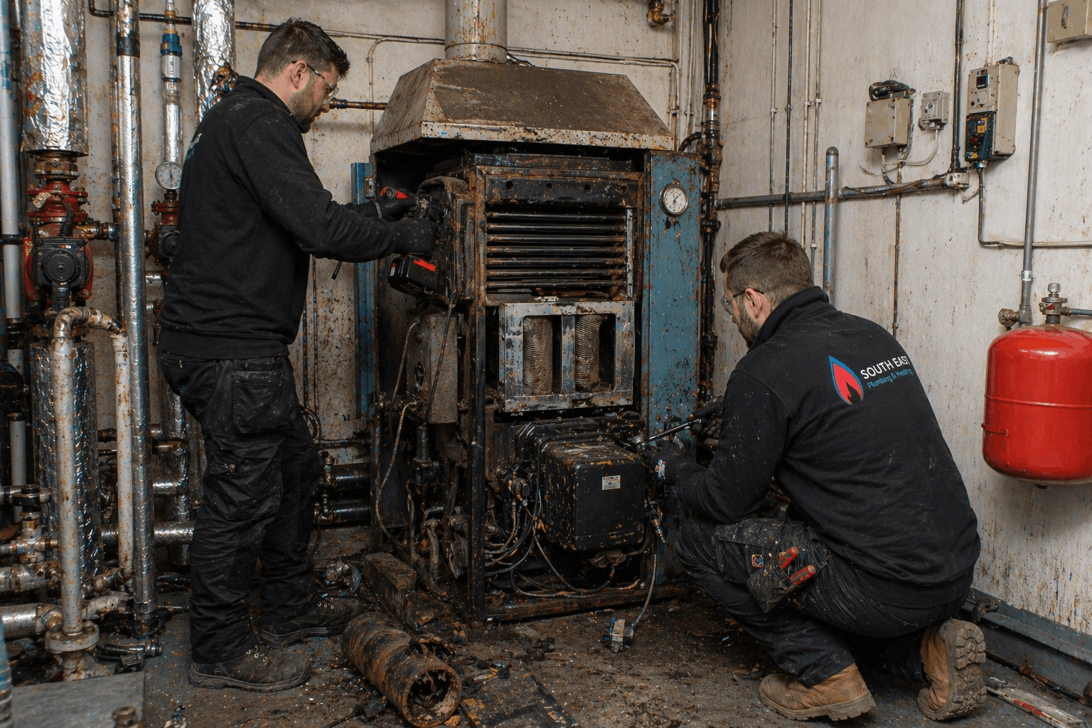 Gas Safe engineer dismantling old commercial boiler during replacement project in Cambridge business premises