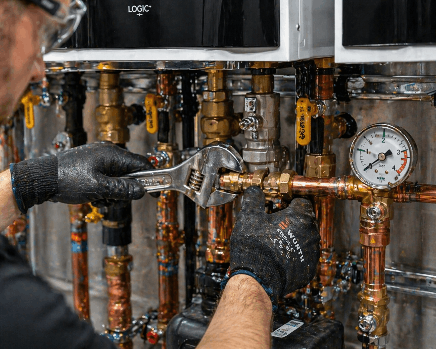 Close-up of professional boiler fitting and pipe installation work during commercial boiler installation Saffron Walden