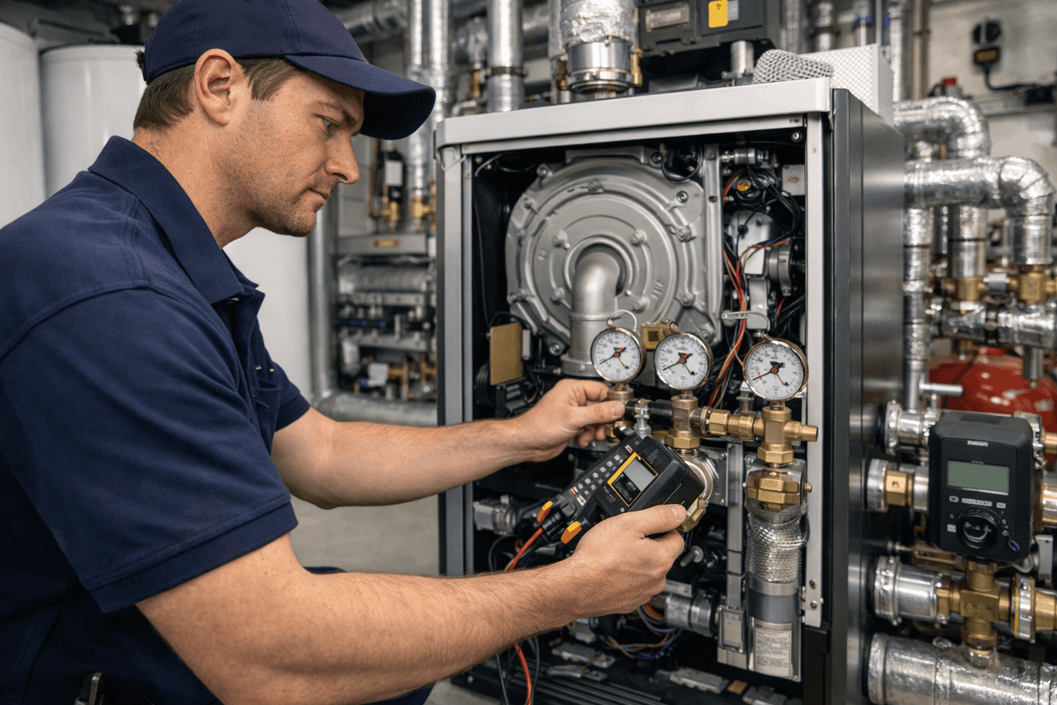 Commercial boiler pressure gauge monitoring during professional repair service in Halstead