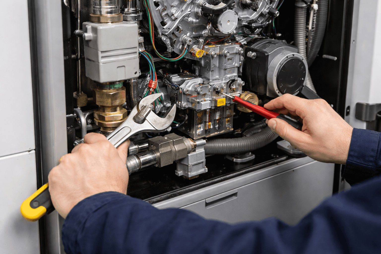Close-up of commercial boiler hardware components during expert repair in Haverhill by Gas Safe registered engineer