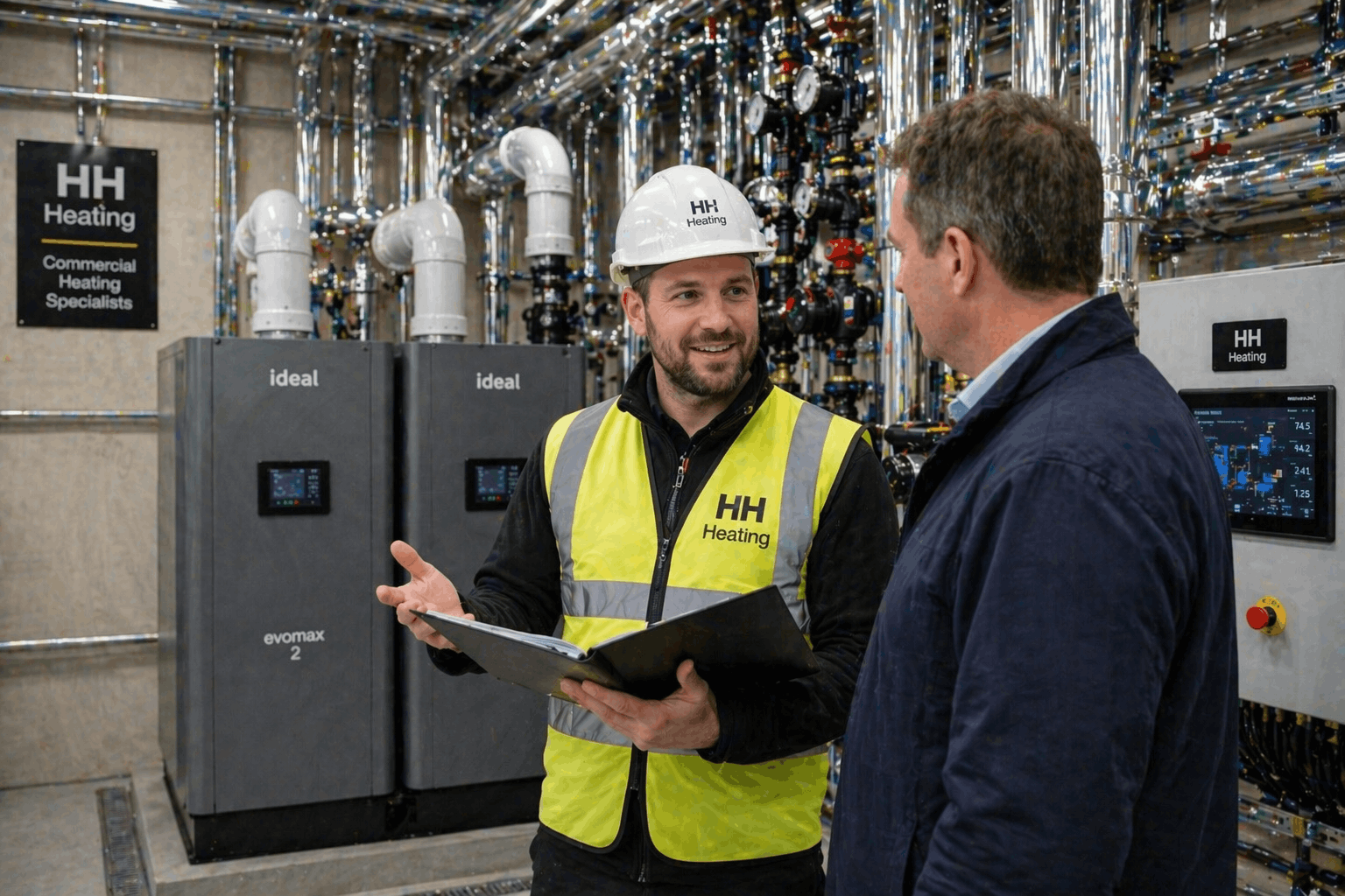 Anglian PHE engineer discussing commercial boiler installation requirements with Great Dunmow client