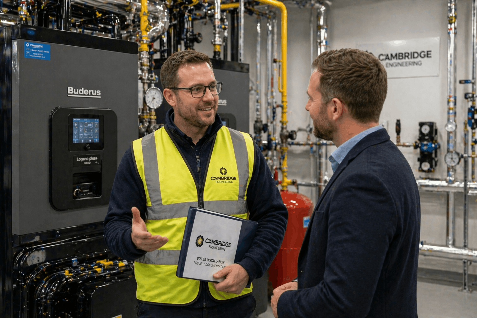 Gas Safe engineer discussing commercial boiler installation requirements with Cambridge business client on-site