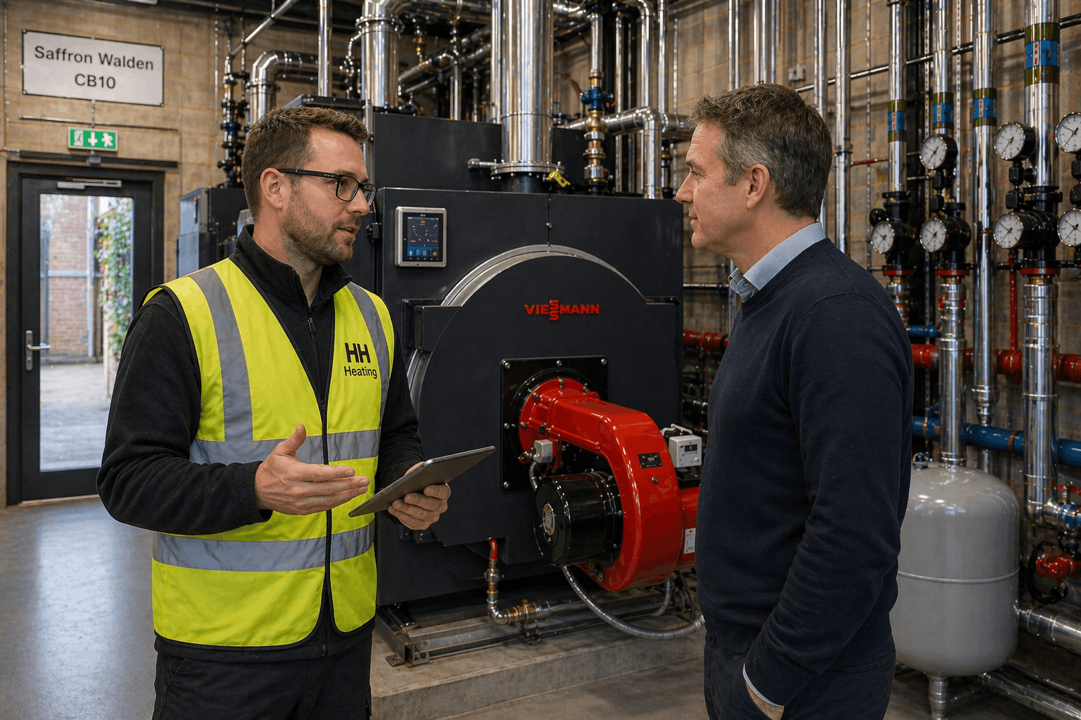 Commercial boiler installation client consultation meeting discussing heating requirements for Saffron Walden business