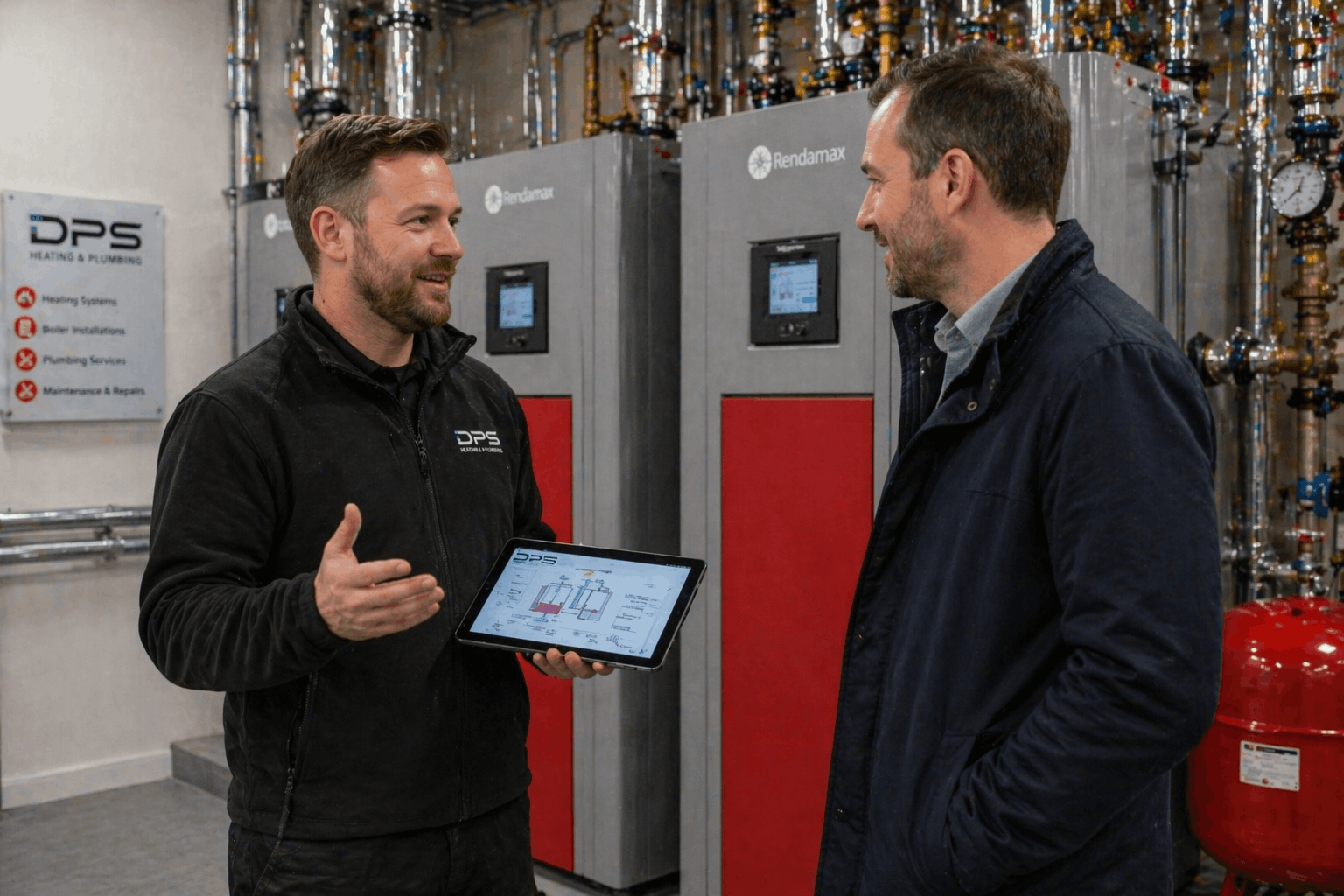 Gas Safe engineer consulting with business owner about commercial boiler installation in Bury St Edmunds