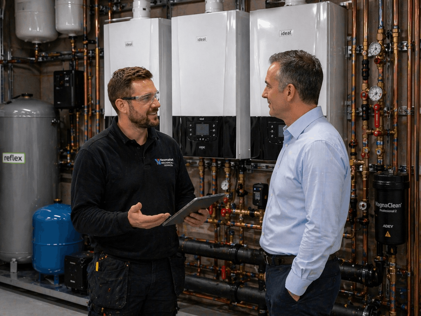 Gas Safe engineer discussing commercial boiler installation requirements with business client in Newmarket