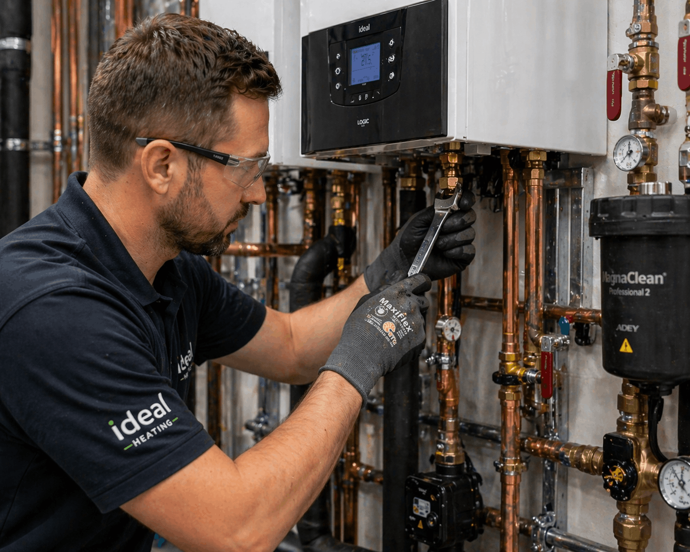 Close-up of commercial boiler installation fitting work showing professional pipework installation in Newmarket