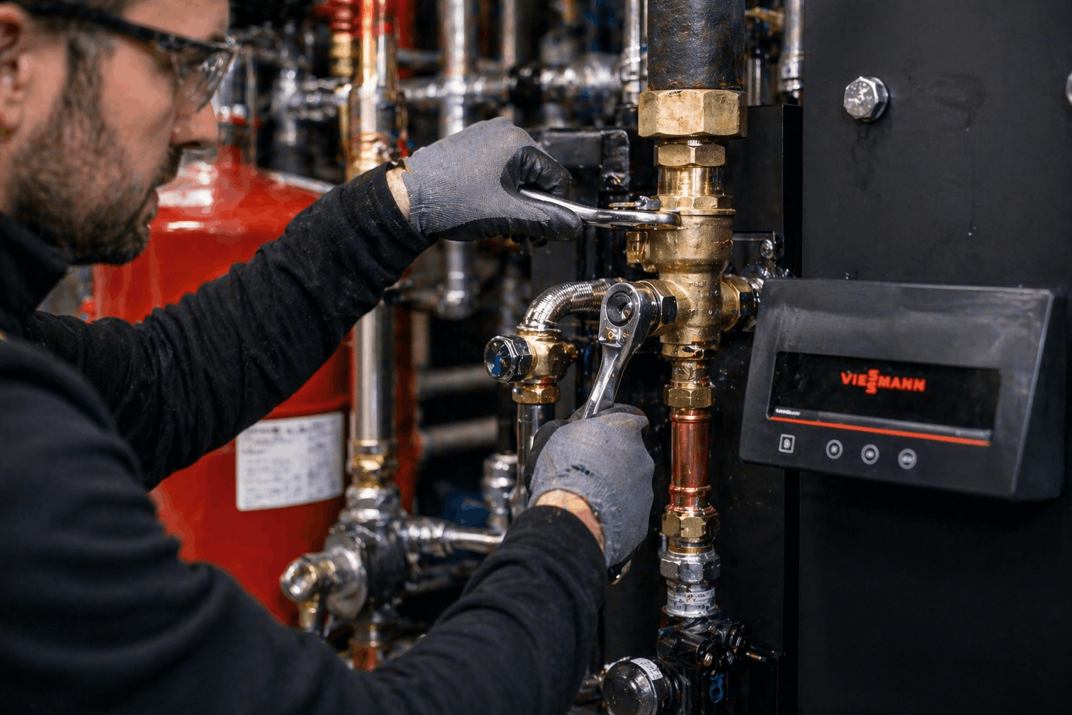 Close-up of commercial boiler components during professional installation in Halstead